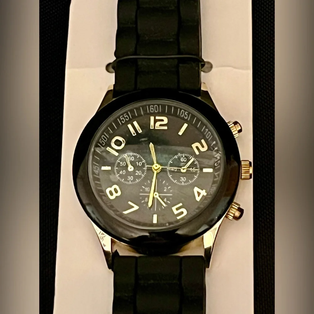 Darice Men's Black & Gold Chronograph Style Watch | Tactical Silicone Sport Band